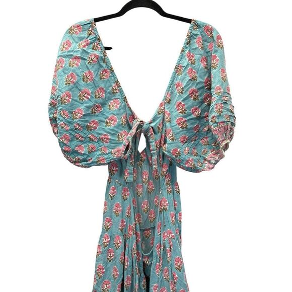 Saylor Annaleise Blue Dahlia Block Print Cotton Midi Dress Size M Boho Tie Back - Picture 8 of 14